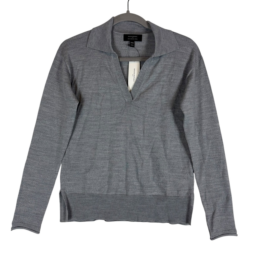 Banana Republic Sweater Womens XXS Gray Collared V Neck Merino Wool Pullover